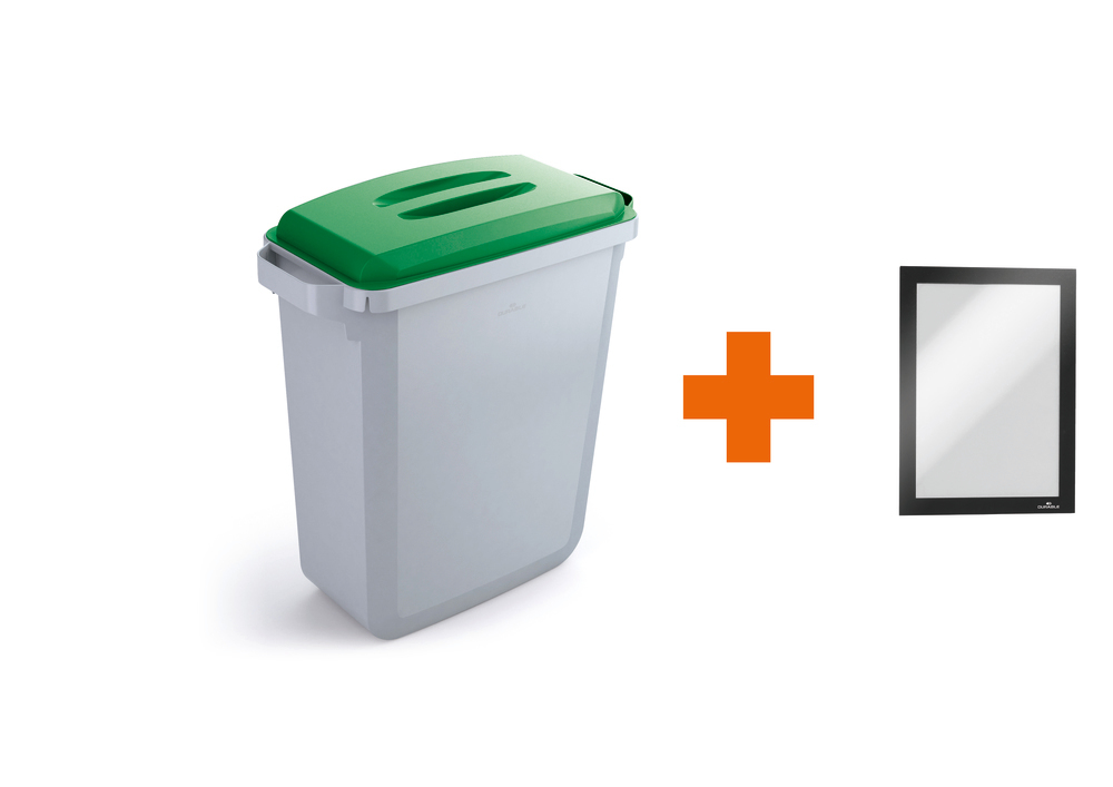 Recyclable materials collector in polyethylene (PE), 60 litres, grey, green lid, with info frame - 2