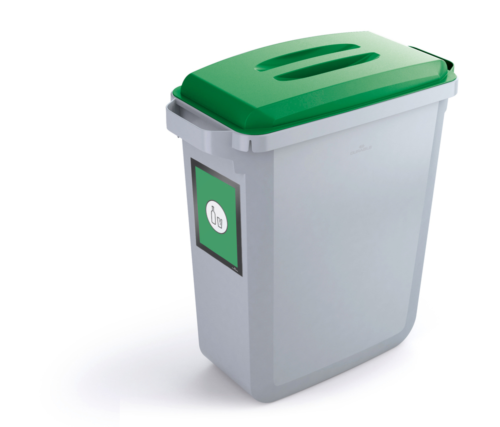 Contenitore di racc. materiali riciclabili, in PE, da 60 l., grigio, coperchio verde, cornice info - 1