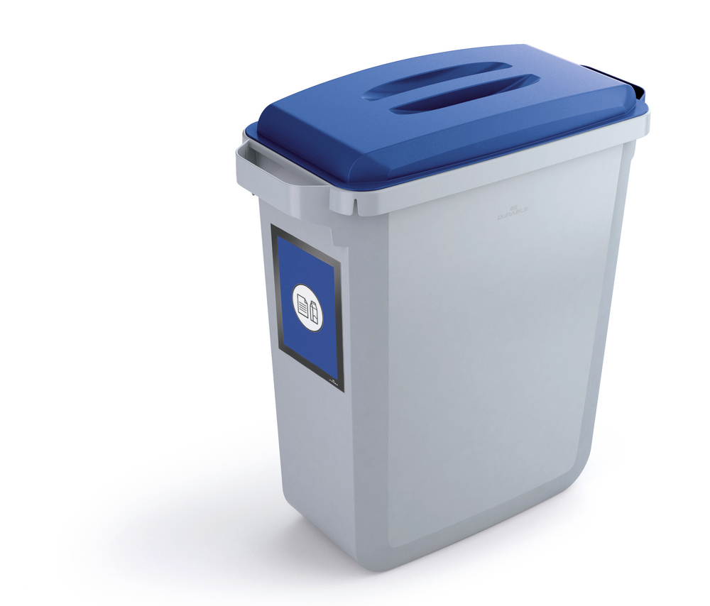 Contenitore di racc. materiali riciclabili, in PE, da 60 l., grigio, coperchio blu, cornice info - 1