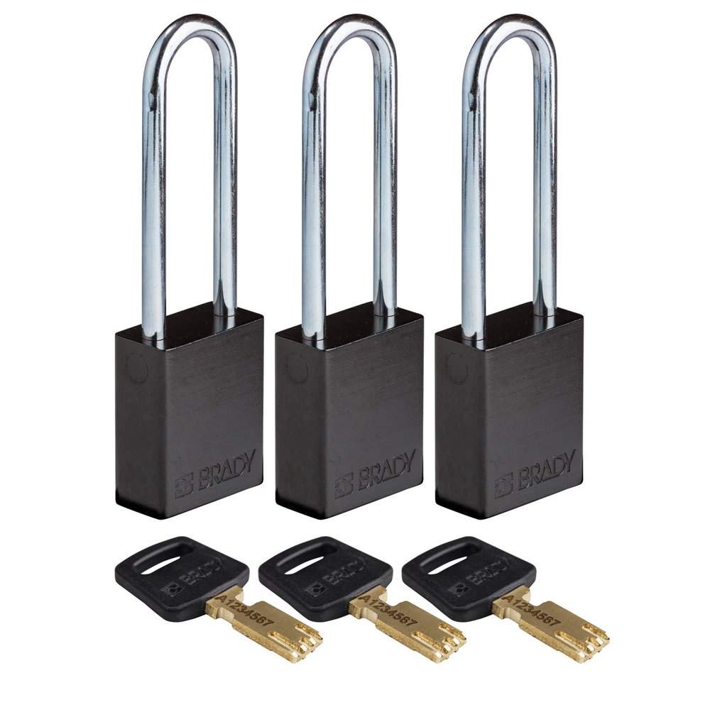 SafeKey padlocks, anodised aluminium, Pack = 3 pieces, clear shackle height 76.20 mm, black - 1