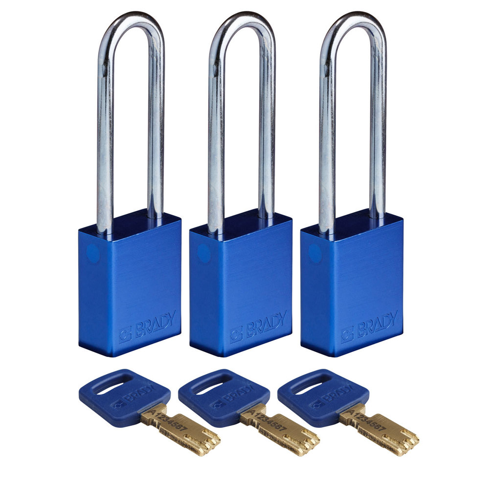 Candados SafeKey, aluminio anodizado,  3 piezas, altura del arco 76,20 mm, azul - 1