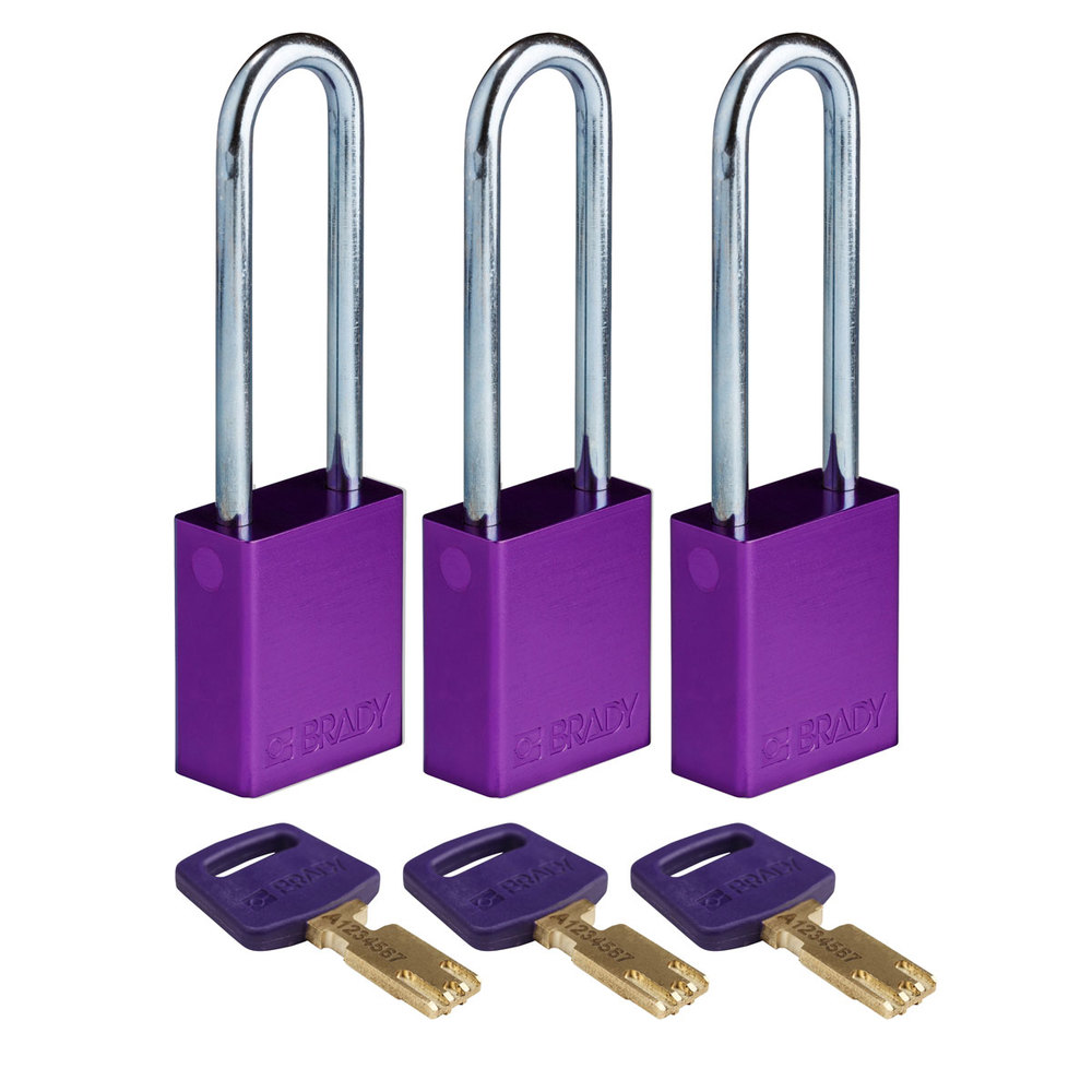 Cadenas SafeKey, aluminium anodisé, x3, hauteur intérieure de l'arceau 76,20 mm, violet - 1