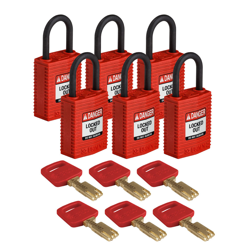 Candados SafeKey, nailon, 6 unidades, altura del arco, 25,40 mm, rojo - 1