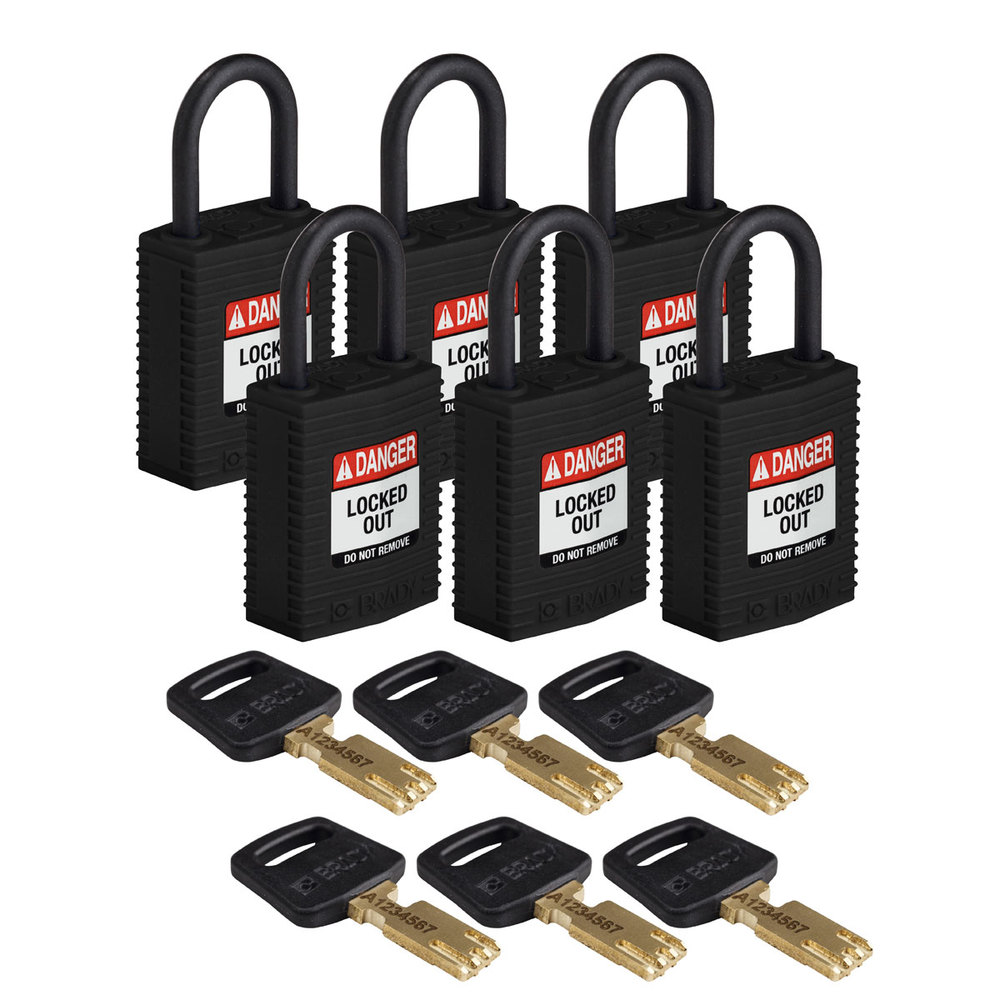 SafeKey padlocks, nylon, Pack = 6 pieces, clear shackle height, 25.40 mm, black - 1