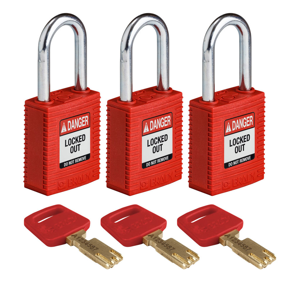 Candados de consignación SafeKey, arco de acero, 3 unidades, altura del arco 38,10 mm, rojo - 1
