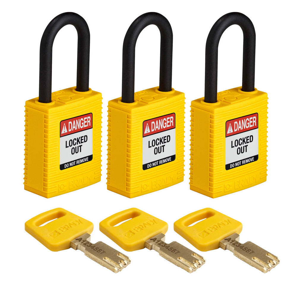 Vorhängeschlösser SafeKey, Kunststoffbügel, VE = 3 Stück, lichte Bügelhöhe 38,10 mm, gelb - 1