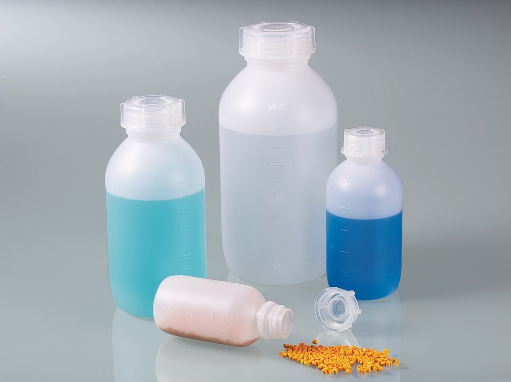 Weithalsflasche aus HDPE, mit geprägter Inhaltsskala, 100 ml, VE = 96 Stück - 1