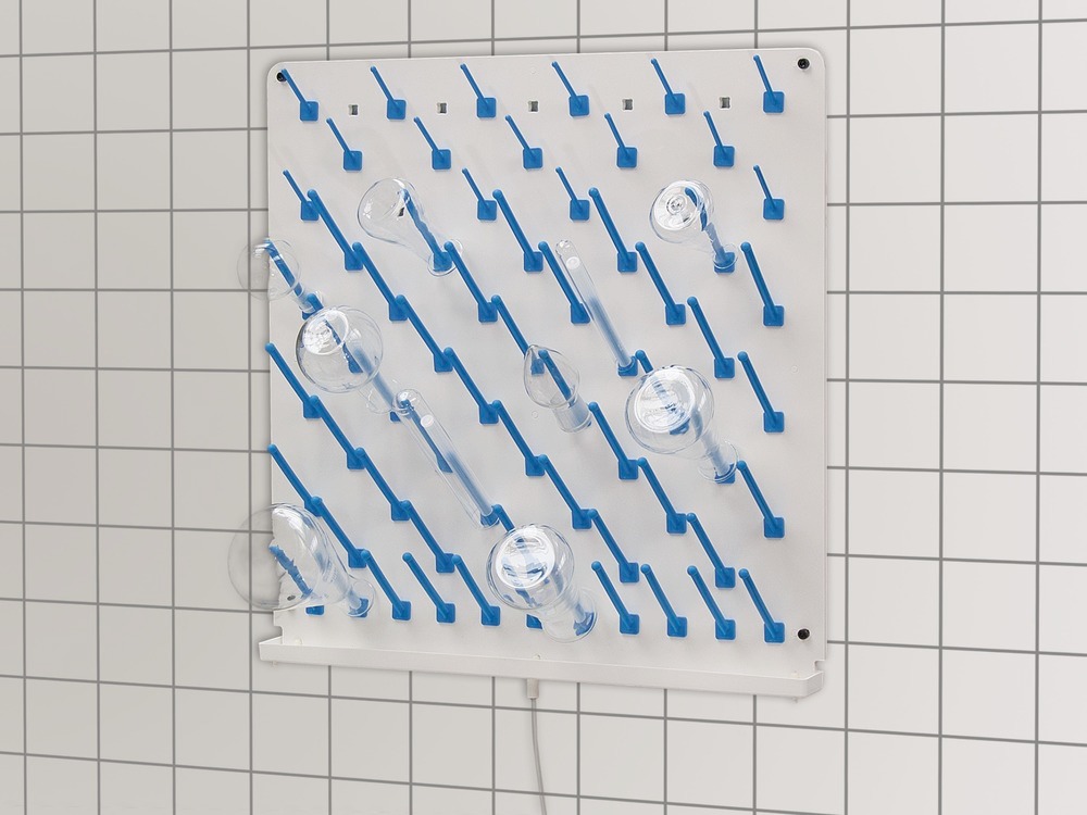Draining board for lab vessels, 400 x 400 mm, wall mounting, no drainage channel, w. 31 push-on pins - 1