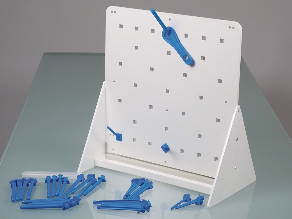Draining rack for laboratory vessels with drip tray, 400 x 400 mm, with table stand, 31 push-on pins - 4