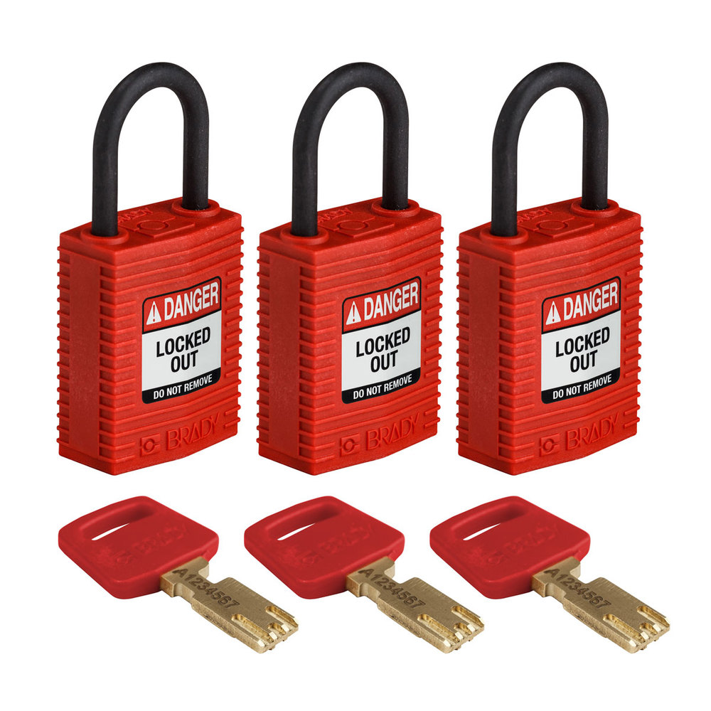 SafeKey padlocks, nylon, Pack = 3 pieces, clear shackle height 25.40 mm, red - 1