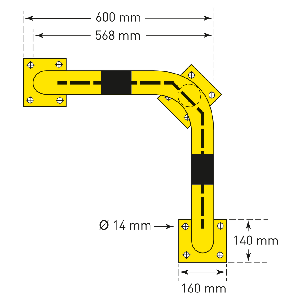 Eck-Rammschutzbügel, mit Unterfahrschutz, zum Aufdübeln, gelb beschichtet, H 600 mm - 3