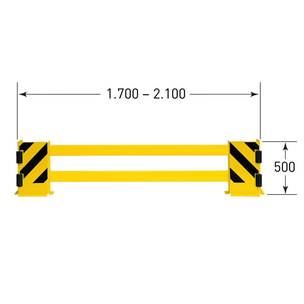 Regalschutz-Planke mit Leitrollen, ausziehbar bis 2100 mm, gelb beschichtet, mit schwarzen Streifen - 2