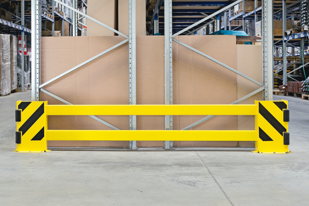 Regalschutz-Planke, ausziehbar bis 2700 mm, kunststoffbeschichtet, gelb, mit schwarzen Streifen - 1