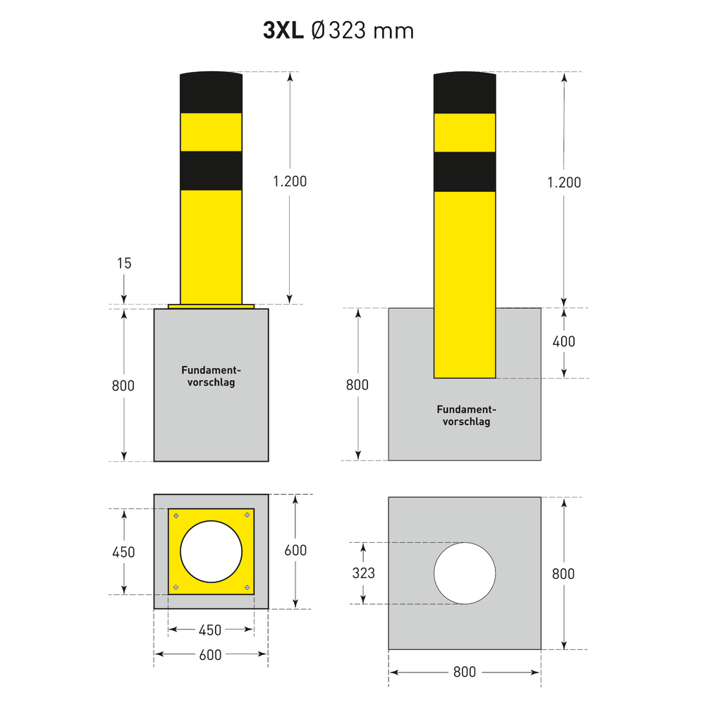 Rammschutz-Poller-3XL, feuerverzinkt und gelb-schwarz beschichtet, Ø: 323 mm - 2
