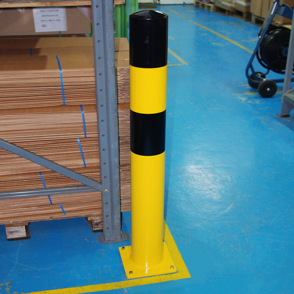 Impact protection bollard in steel for anchor bolts, Ø 90 mm, H 1200, yellow/black - 1