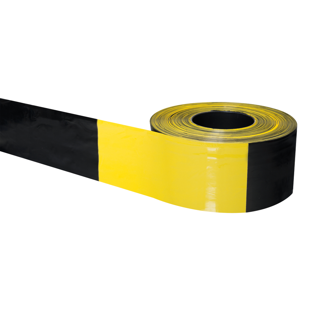 Absperrband, Polyethylenfolie, beidseitig schwarz/gelb geblockt, im Abrollkarton, Länge 500 m - 1