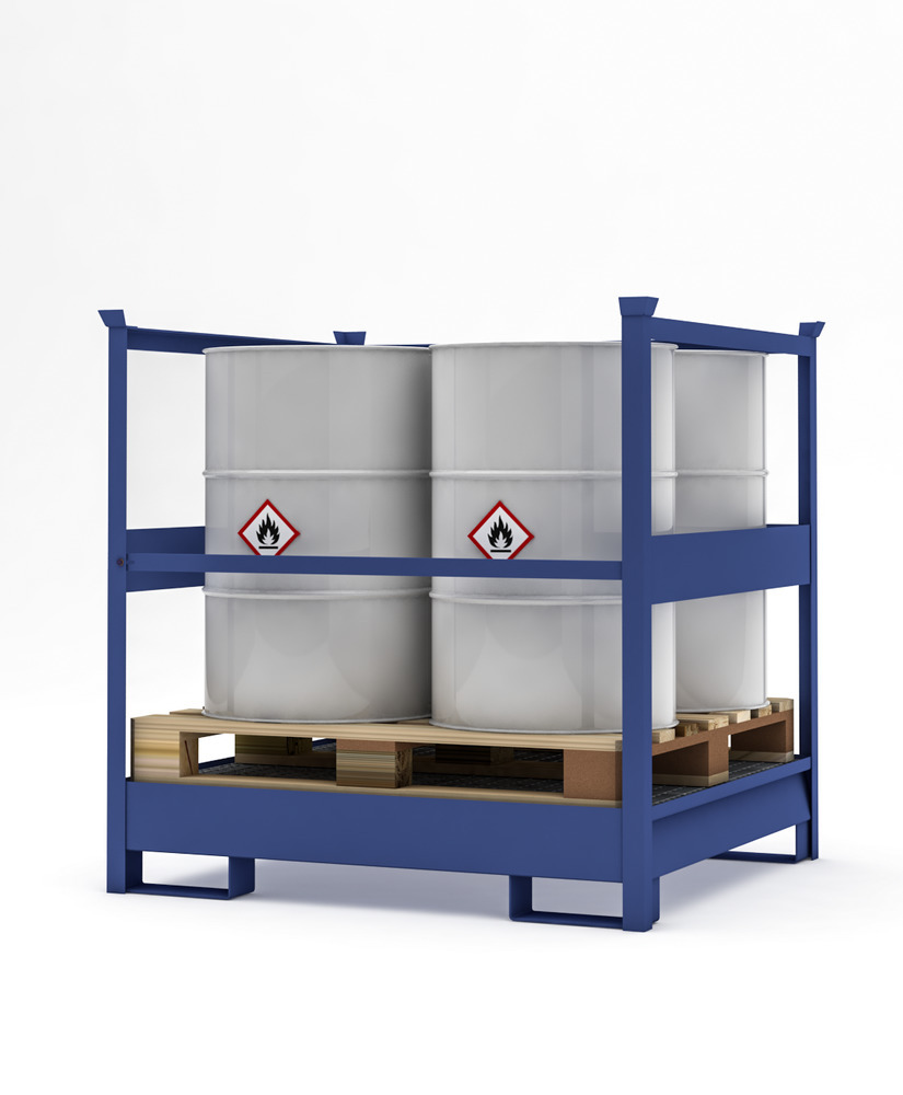 Transport Spill Containment Pallet - 4 Drum Capacity - Stackable - Side Rails - Painted Steel - 3