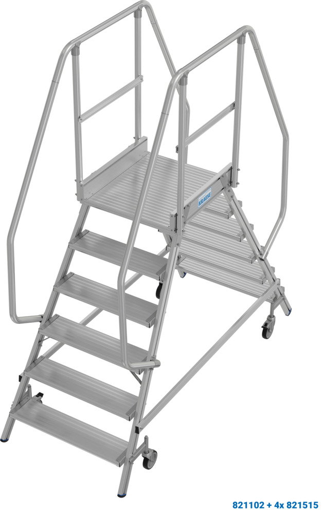 Escalera con descansillo de aluminio, con ruedas, 2 x 6 peldaños, subida dos lados, según EN 131-7 - 1