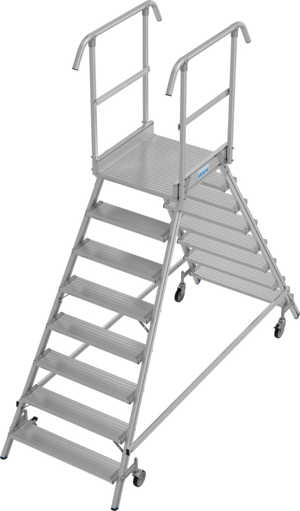 Escalera con descansillo de aluminio, con ruedas, 2 x 7 peldaños, subida dos lados, según EN 131-7 - 1