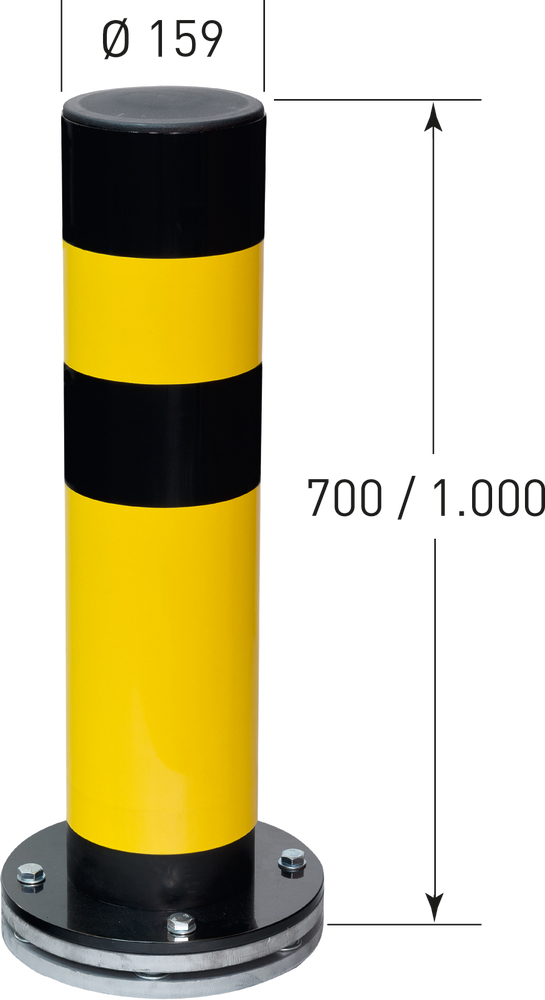 Collision protection bollard, yellow plastic coated, black stripes, swivelling base plate, Ø: 159 mm - 1