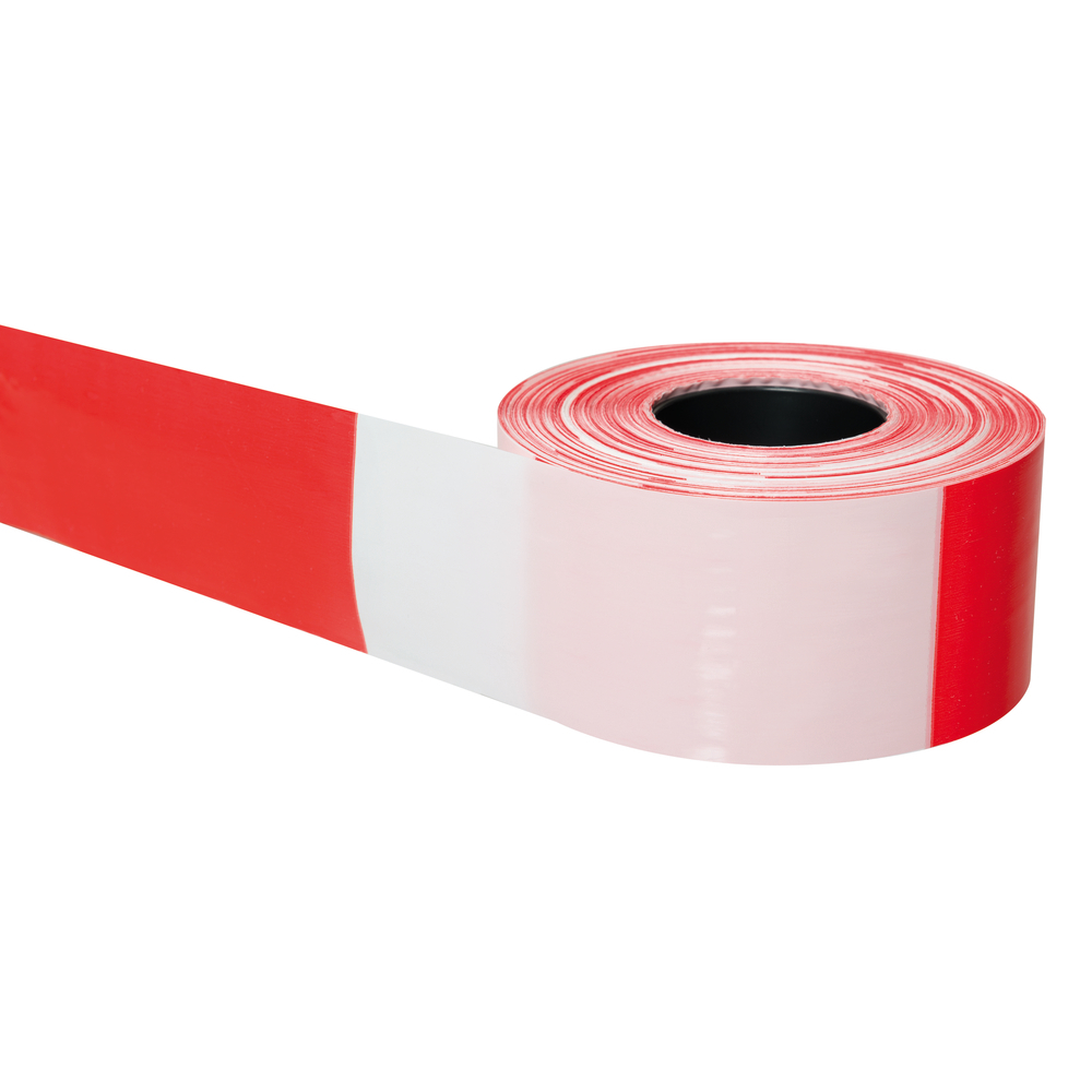 Absperrband, Polyethylenfolie, beidseitig rot/weiß geblockt, im Abrollkarton, Länge 500 m - 1