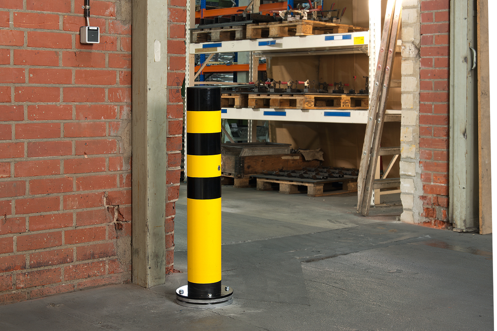 Collision protection bollard, yellow plastic coated, black stripes, swivelling base plate, Ø: 159 mm - 3