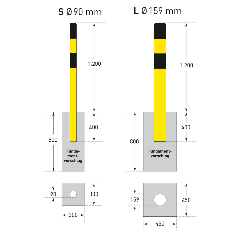 Rammschutz-Poller, beschichtet, schwarze Streifen, zum Einbetonieren, Ø: 159 , Höhe Überflur 1200 mm - 5