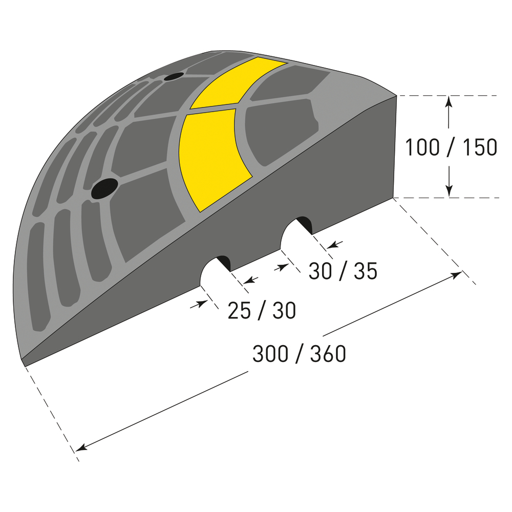 Bordstein-Rampe Abschlusselement, Hartgummi, schwarz gelb reflektierend, Höhe 100 mm - 2