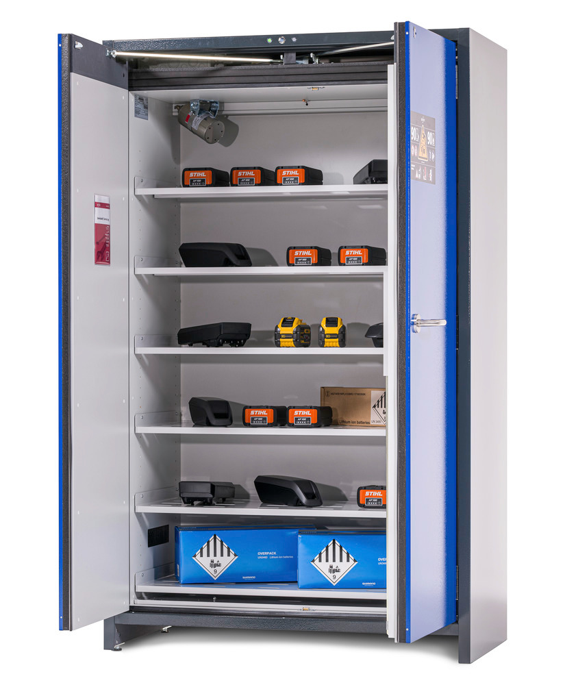 Armoire de stockage pour batteries lithium-ion, SafeStore-Pro, coupe-feu, 6 étagères, L = 1200 mm - 1