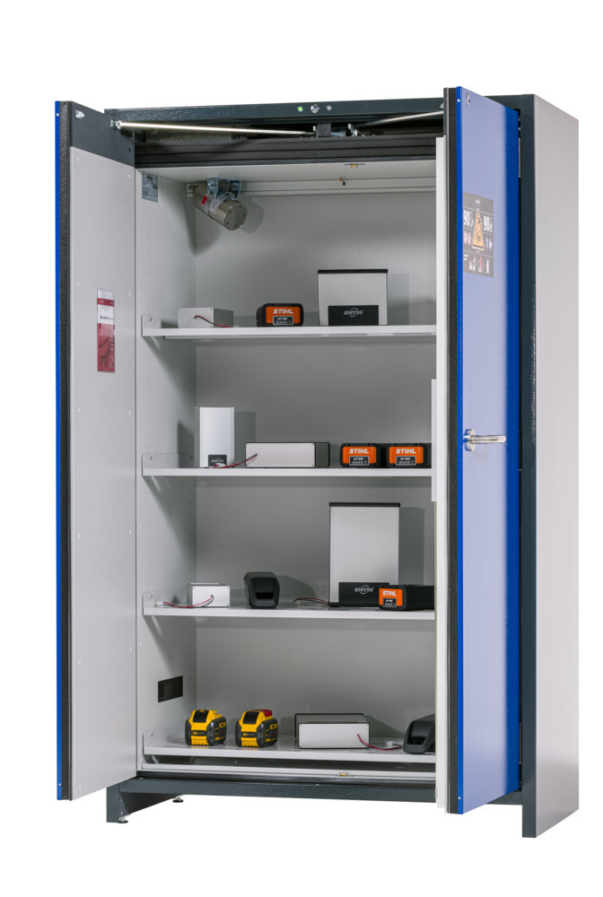 asecos Lithium-Ionen Akku-Lagerschrank SafeStore Pro-Connect, 4 Fachböden, B 1200 mm - 1