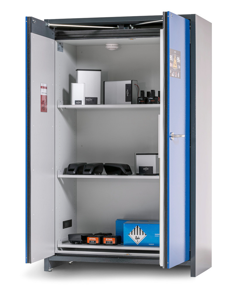 asecos lithium-ion storage cabinet, 90 Min fire resistant, 3 Shelves, 2 Doors - 1