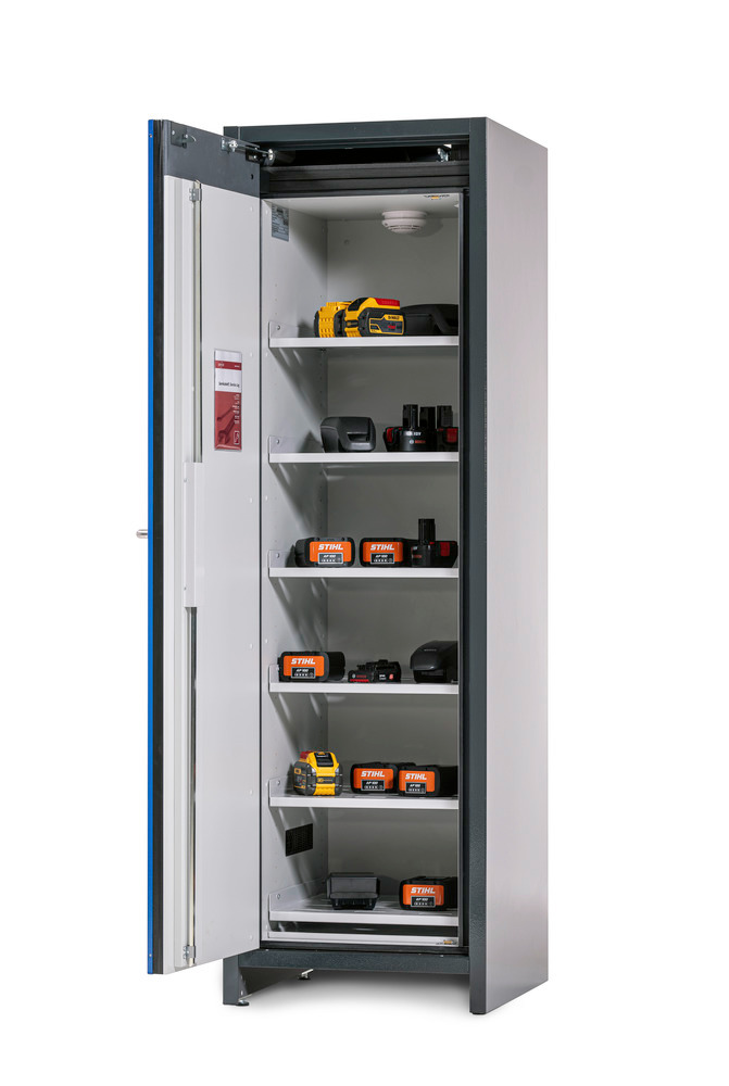 asecos lithium-ion storage cabinet, 90 Min fire resistant, 6 Shelves, 1 Door - 1