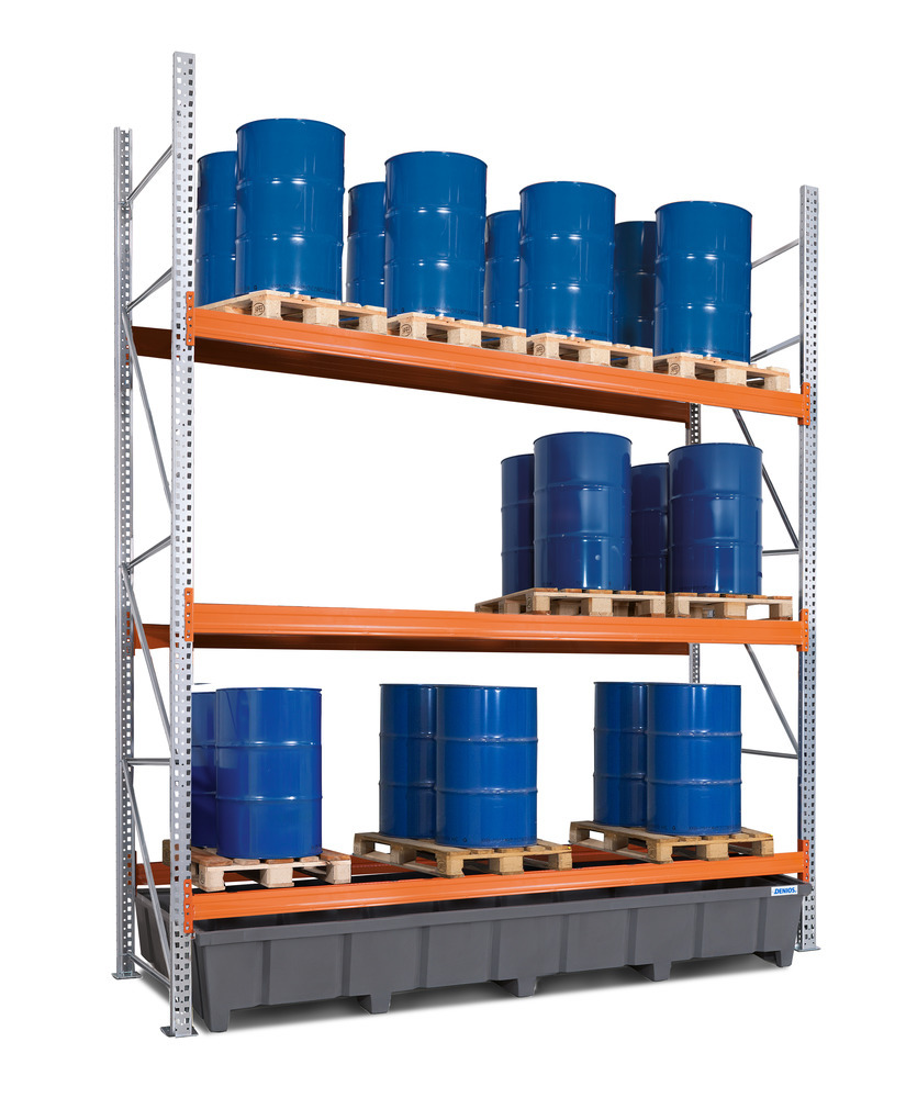 Estante para paletes de substâncias perigosas, 3 níveis, bacia plástico, base, 3500x1315x3800mm - 3