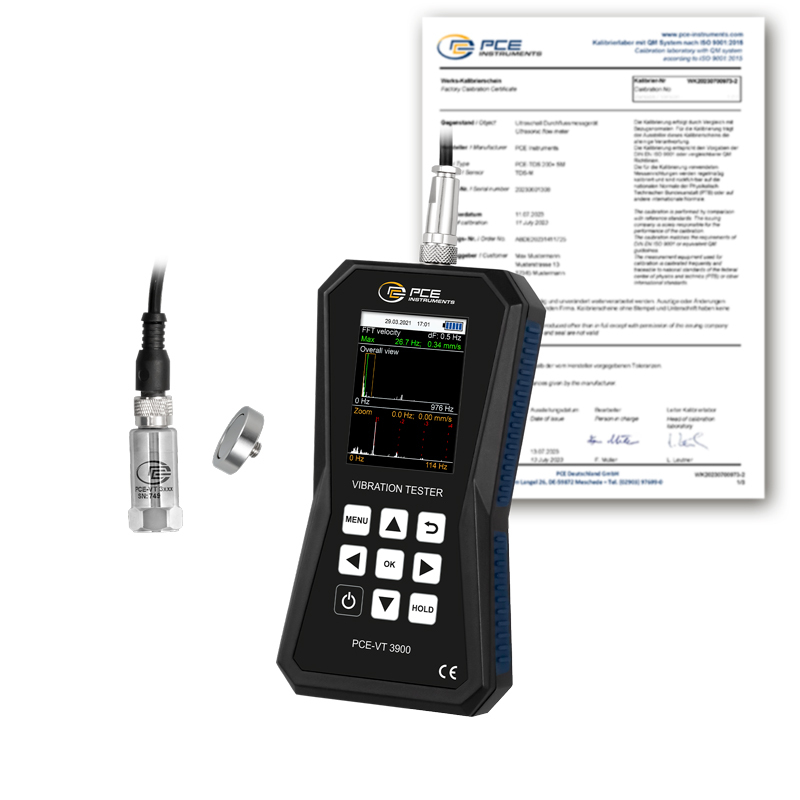 Přístroj k měření vibrací PCE-VT 3900, měří vibrace, s režimem FFT a záznamníkem dat, certifikát ISO - 1