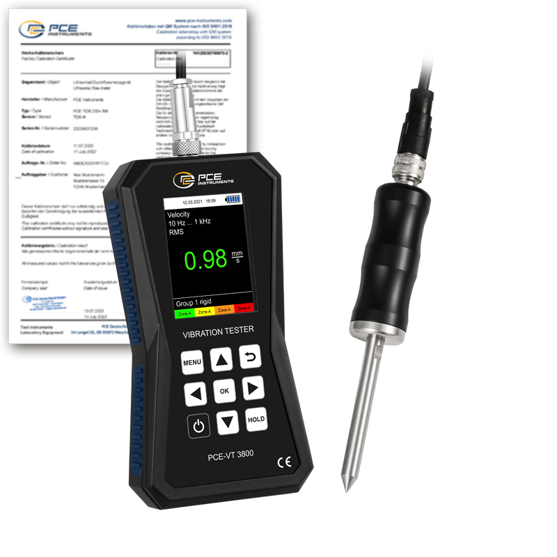 Tärinämittari PCE-VT 3800, mittaa tärinän, tiedonkeruulaite, neula-anturi + ISO-sertifikaatti - 1
