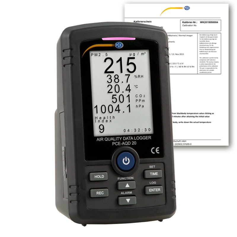 Misuratore qualità aria PCE-AQD 20, misurazione di CO2, temperatura, umidità, PM2,5, pressione + ISO - 1
