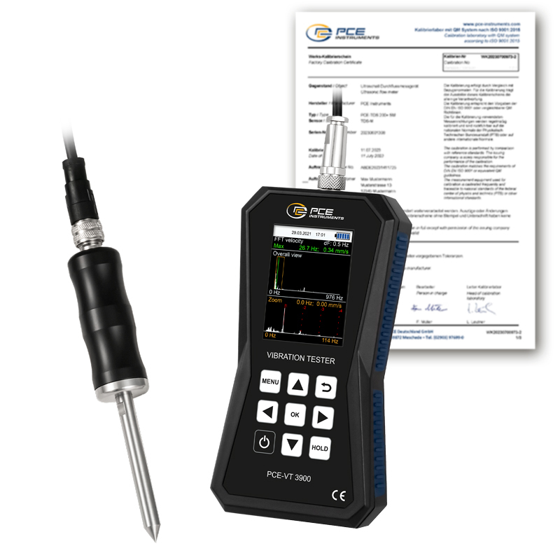 Prístroj na meranie vibrácií PCE-VT 3900, režim FFT a záznamník dát, ihlový senzor +ISO - 1