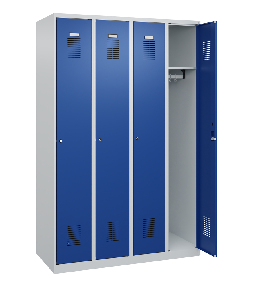 Vestiaire C+P Basis, 4 compartiments avec serrure à cylindre, 1200 x 500 x 1850 mm, portes bleues - 1