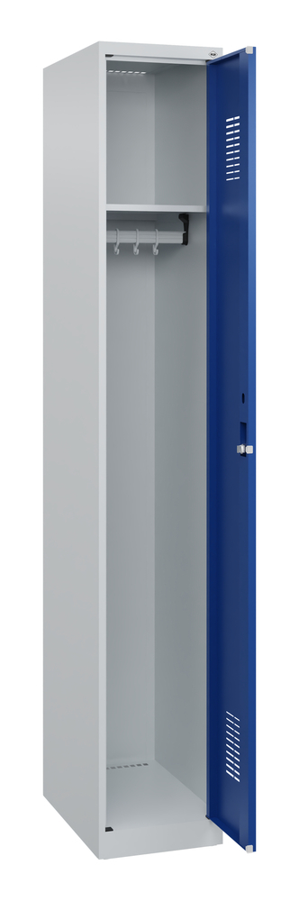 C+P Basic clothes locker, 1 locker compartment with cylinder lock, 300 x 500 x 1850 mm, blue door - 1