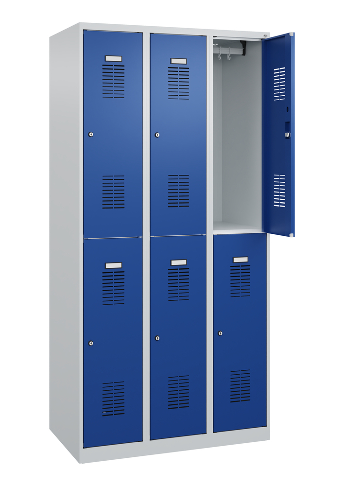 Vestiaire double C+P Basis, 3 compartiments, serrure à cylindre, 900 x 1850 mm, portes bleues - 1