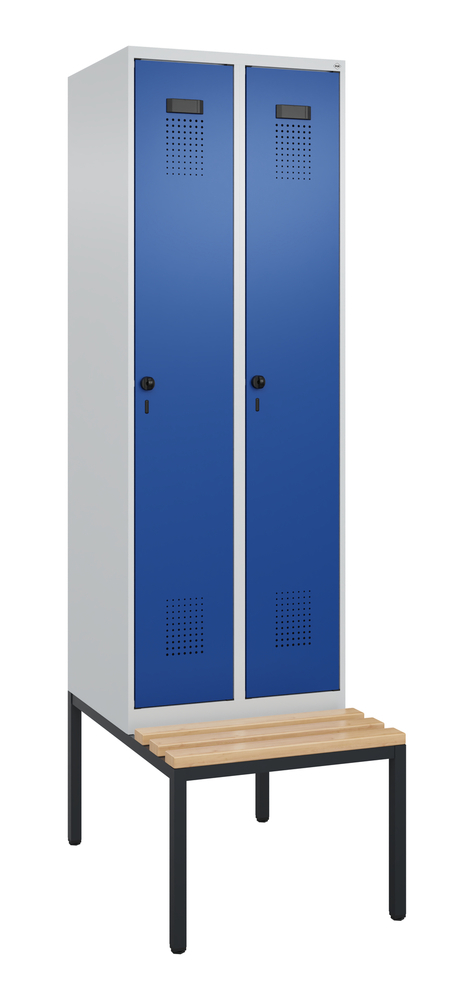 Locker Cabo-Plus with bench seat, 2 compartments, W 600, D 500/815, H 2090 mm, grey/blue - 1