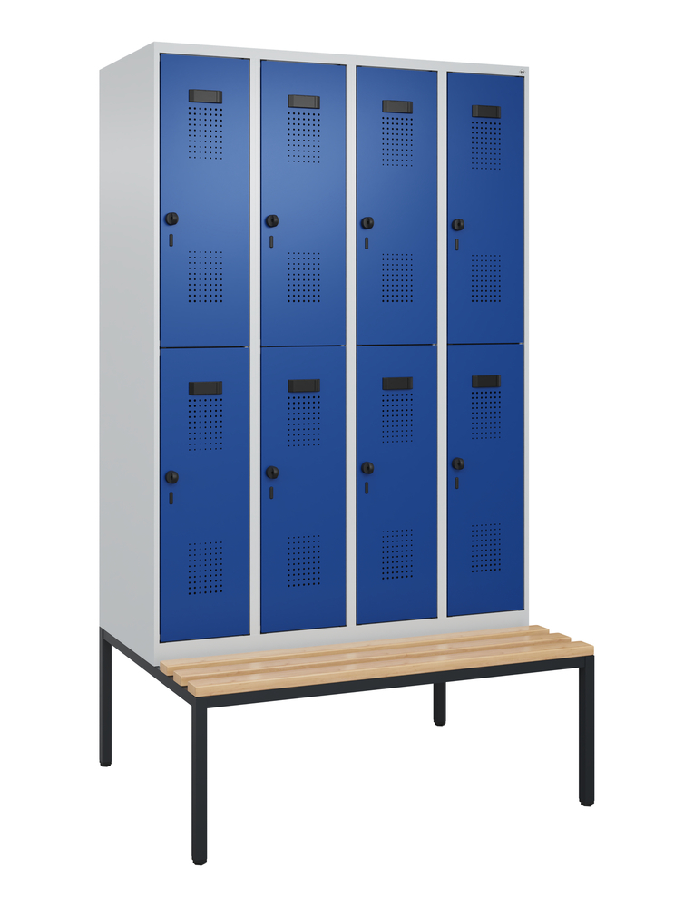 C+P Cabo-Plus double clothes locker, bench seat, 8 compartments, 1200 x 500/815 x 2120 mm, grey/blue - 1