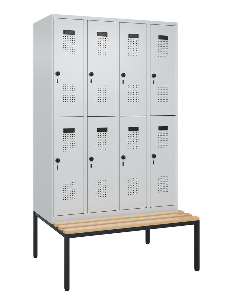 C+P Cabo-Plus double clothes locker, bench seat, 8 compartments, 1200 x 2120 mm, grey - 1