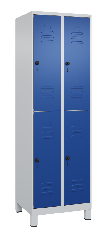 C+P Cabo double-decker clothes locker, 4 compartments, 610 x 500 x 1950 mm, feet, blue doors - 1