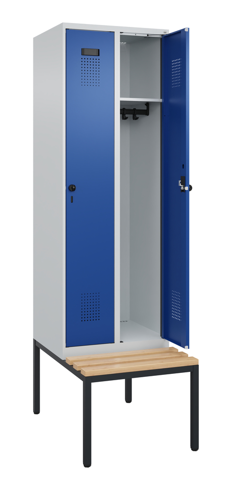 Locker Cabo-Plus with bench seat, 2 compartments, W 600, D 500/815, H 2090 mm, grey/blue - 2