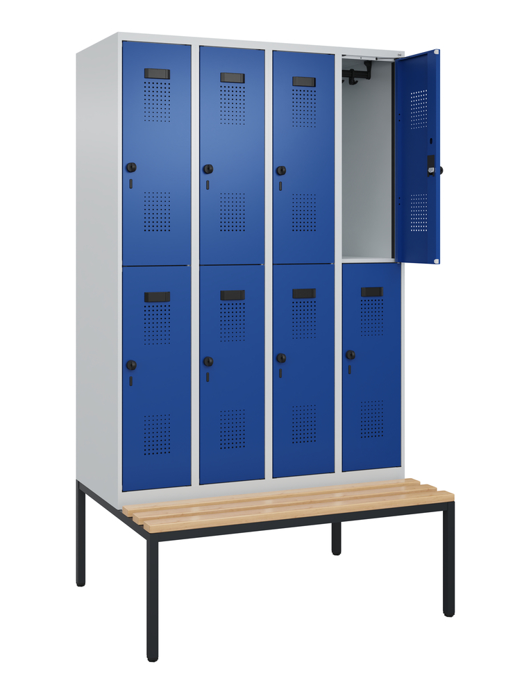 C+P Cabo-Plus double clothes locker, bench seat, 8 compartments, 1200 x 500/815 x 2120 mm, grey/blue - 2