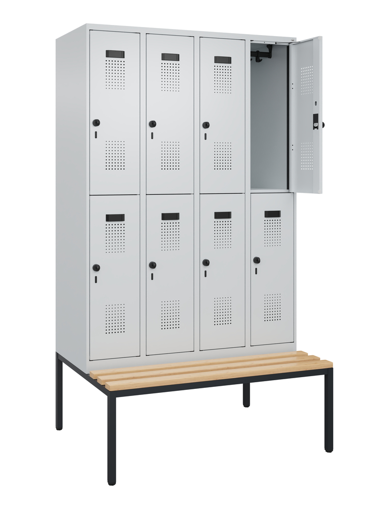 C+P Cabo-Plus double clothes locker, bench seat, 8 compartments, 1200 x 2120 mm, grey - 2