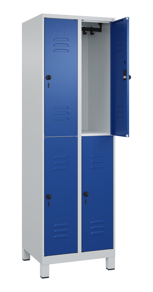 C+P Cabo double-decker clothes locker, 4 compartments, 610 x 500 x 1950 mm, feet, blue doors - 2