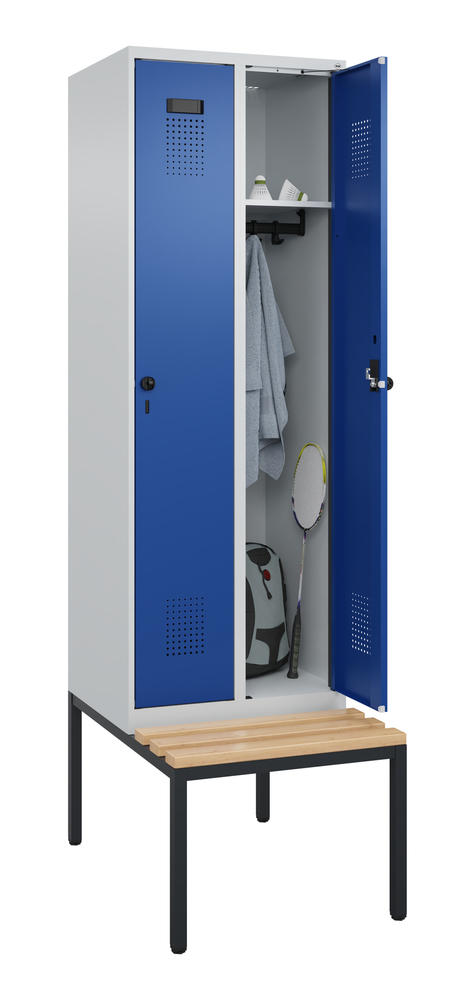 Locker Cabo-Plus with bench seat, 2 compartments, W 600, D 500/815, H 2090 mm, grey/blue - 3