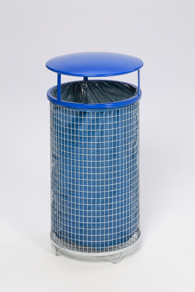 Drahtgitter-Abfallkorb mit Gitterboden, 75 Liter Volumen, feuerverzinkt, Kopfteil blau - 1